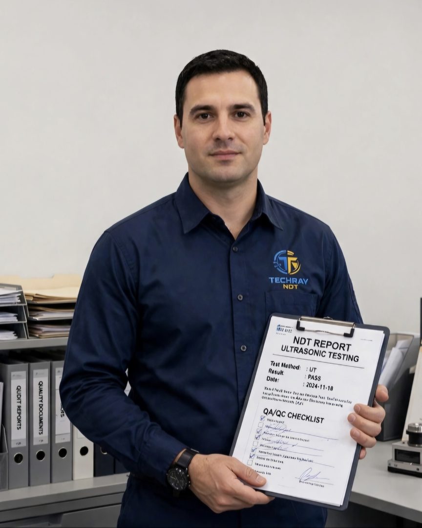 TechRay NDT inspector holding an ultrasonic testing report and QA/QC checklist