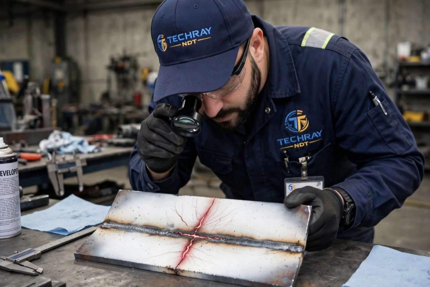 Dye penetrant testing (PT): red crack indications showing through white developer on a welded plate