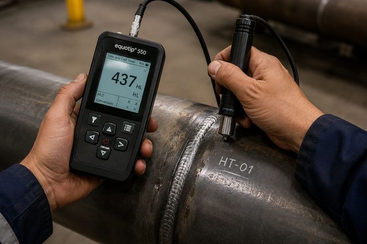 Hardness testing (HT) with a portable hardness tester beside a pipe weld