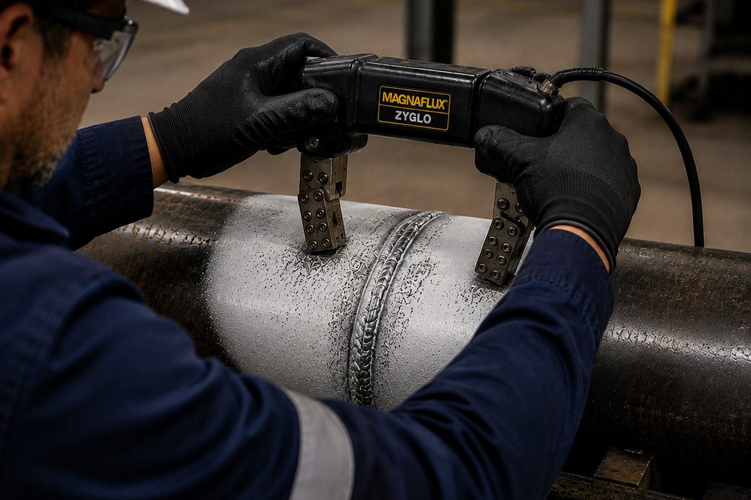Magnetic particle testing (MT) with an electromagnetic yoke across a painted pipe weld