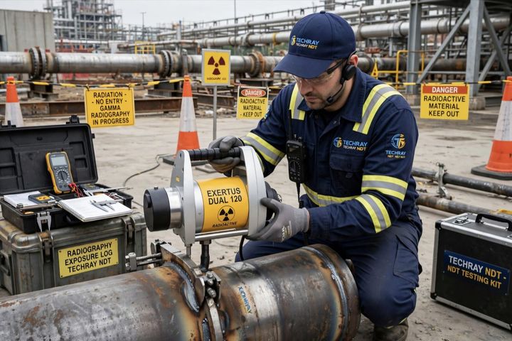 Radiographic testing (RT): gamma radiography set up on a pipe weld inside a barricaded radiation zone