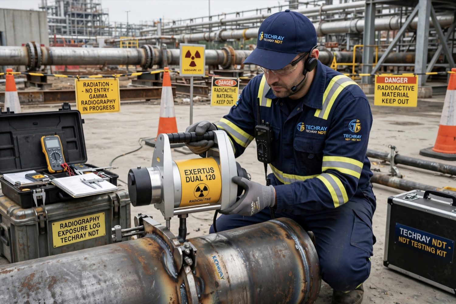 Radiographic testing (RT): gamma radiography set up on a pipe weld inside a barricaded radiation zone