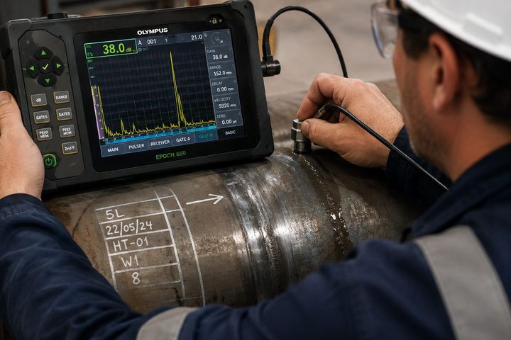 Ultrasonic testing (UT) of a pipe weld with a portable ultrasonic flaw detector