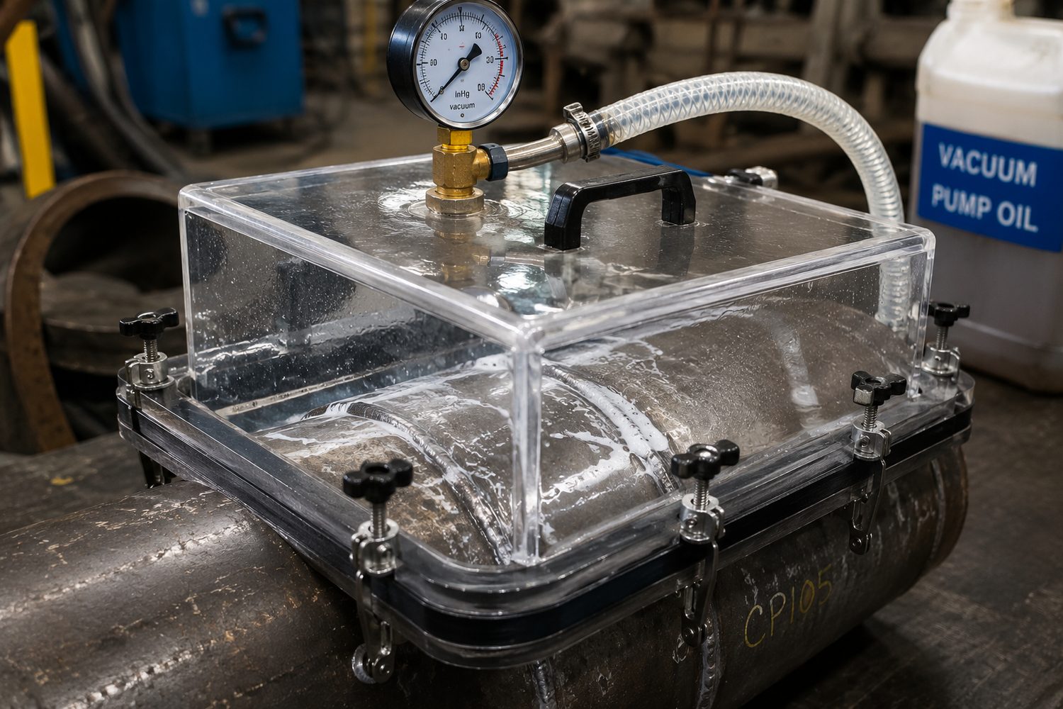 Vacuum box testing (VBT): a clear vacuum box with pressure gauge clamped over a weld seam