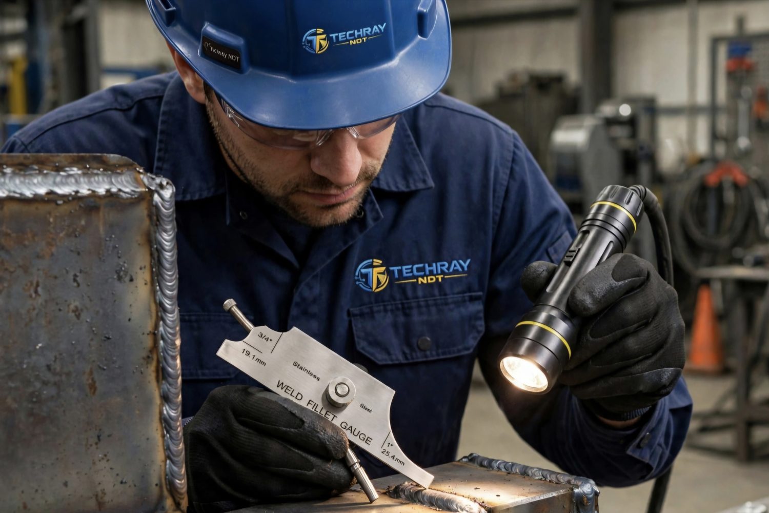 Visual testing (VT) of a fillet weld with a weld gauge and inspection torch