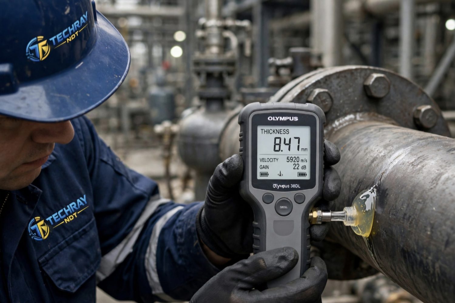 Ultrasonic wall thickness measurement (WT) with a thickness gauge on a flanged pipe